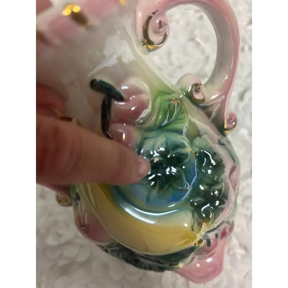 Vintage Majolica Lusterware Fruit Vase Double Handled Iridescent Ceramic 10